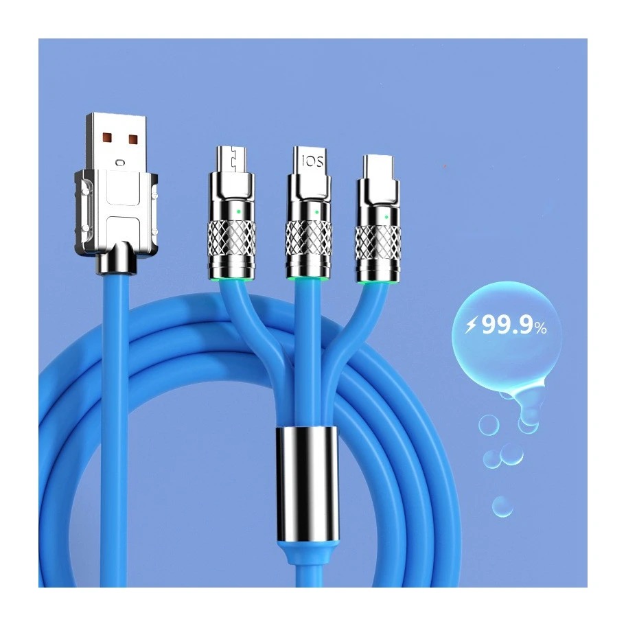 Original Zinc Alloy 3 In 1 120W 6A Super Fast Charging Cable Liquid Silicone Fast Charging Data Cable For Micro USB Type-C Iphone With Indication Light. 