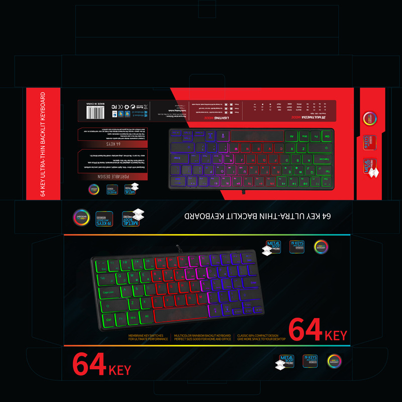 Wired keypad, mini tricolor illuminated gaming keyboard, computer notebook, office K64 keypad. 