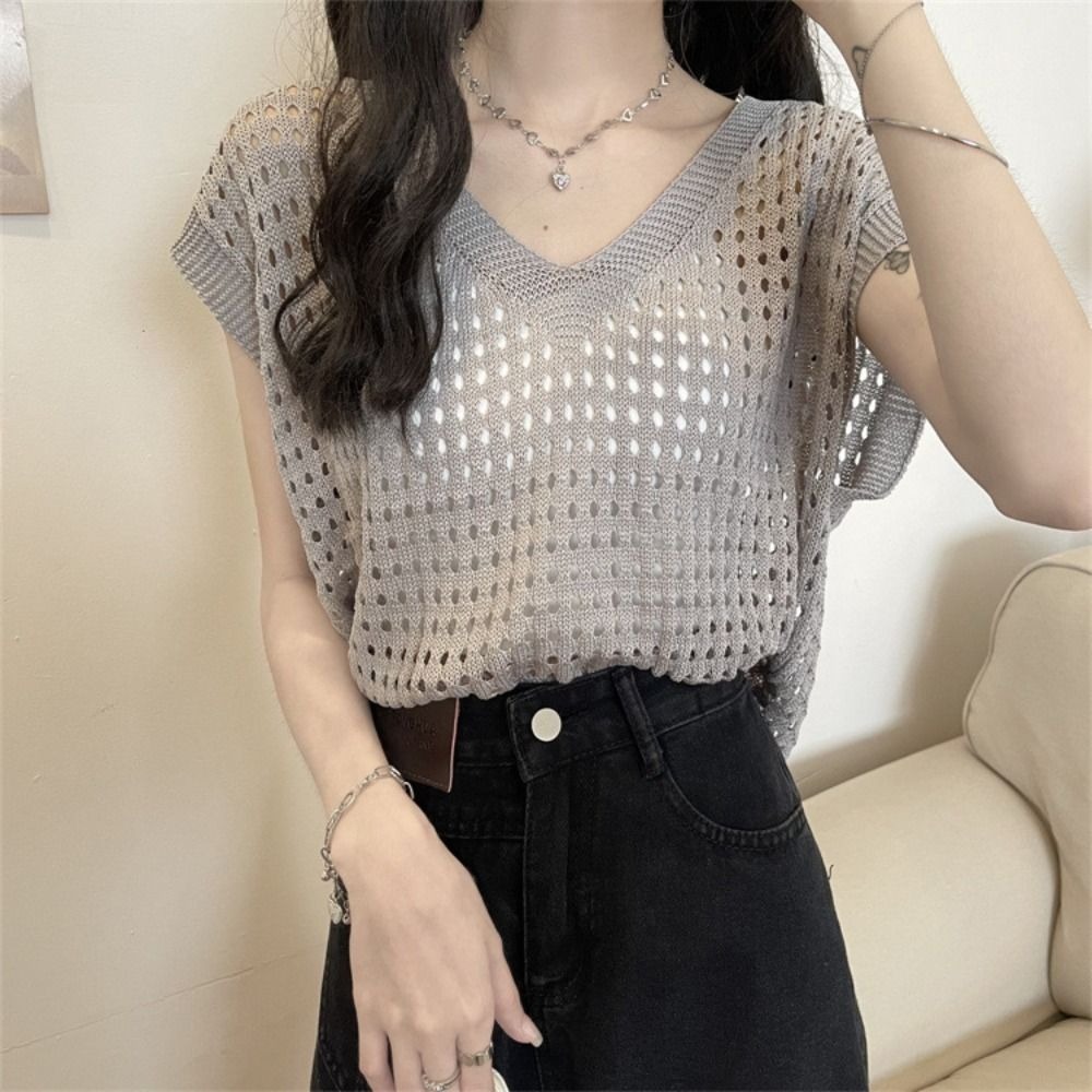 Casual V-neck Hollow Out Knit T-shirt Oversized Loose Beach Crochet Sweater Vest Crop Tops Mesh Cover Ups Beach