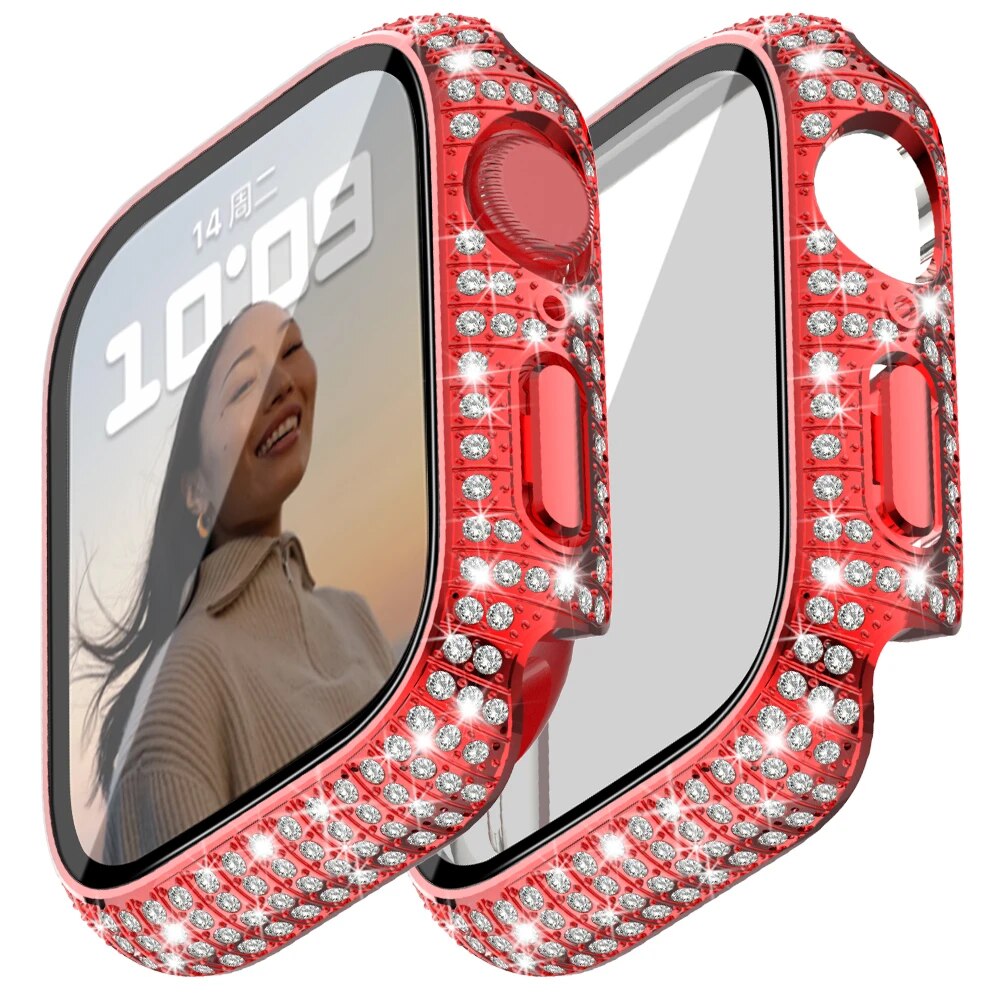 Diamond Full Protection Hard PC Cover Bumper for Iwatch 7 Accessories Tempered Glass Screen Protector for Apple Watch Series 8 7