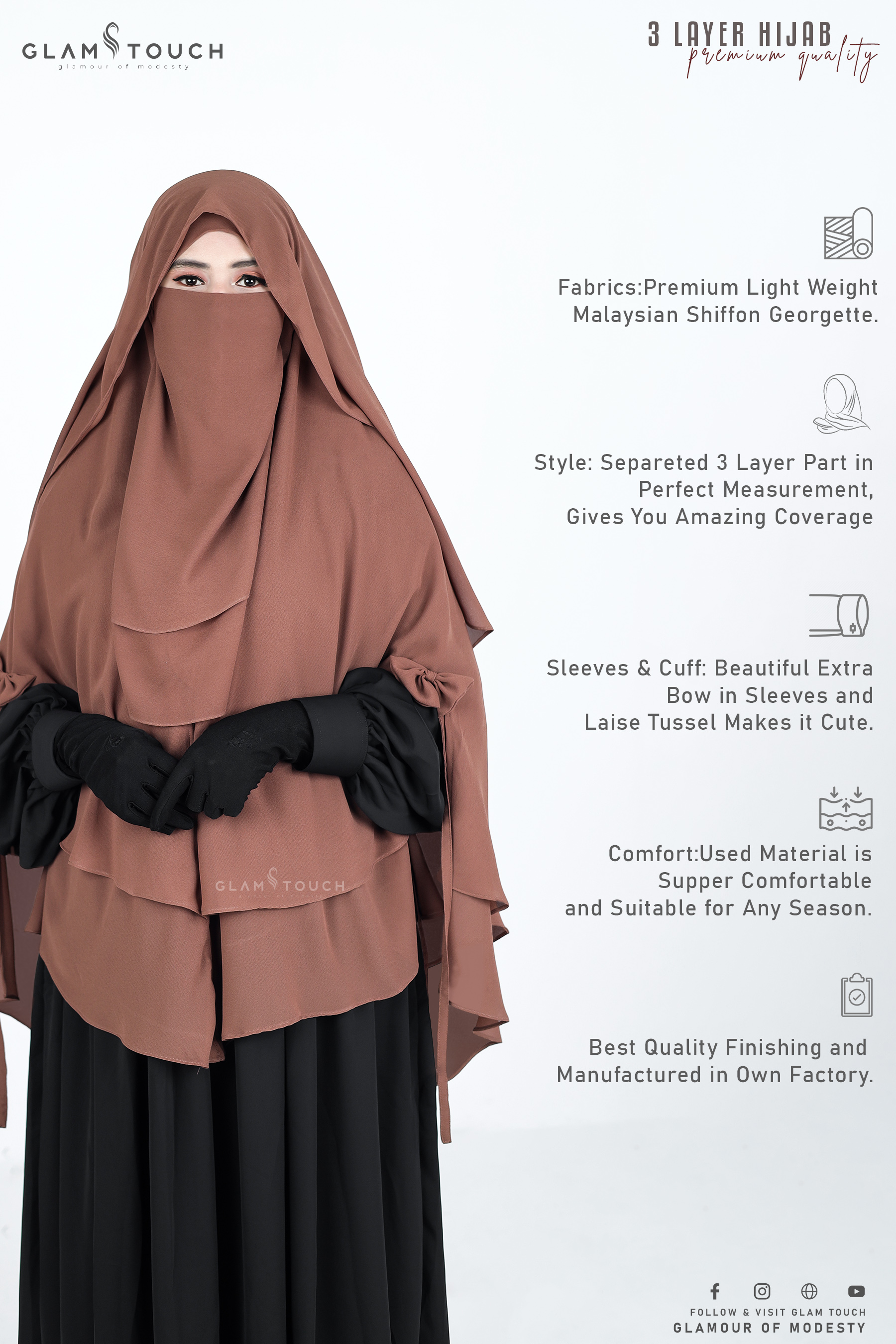 Glam Touch Premium ABRU 3 Layer Hijab Niqab Set. 