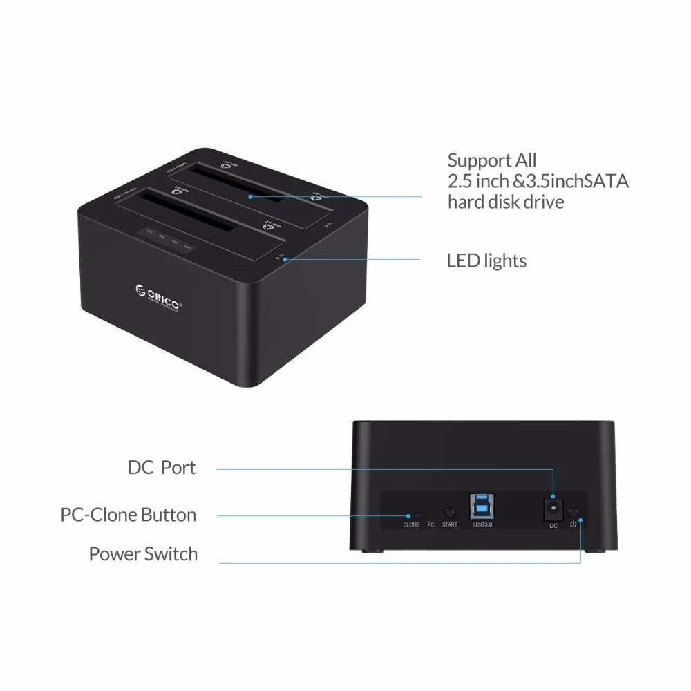 ORICO SATA to USB 3.0 Multi Hard Drive Docking Station with Offline Clone 2 Bay HDD Docking Station for 2.5/3.5 inch HDD SSD. 
