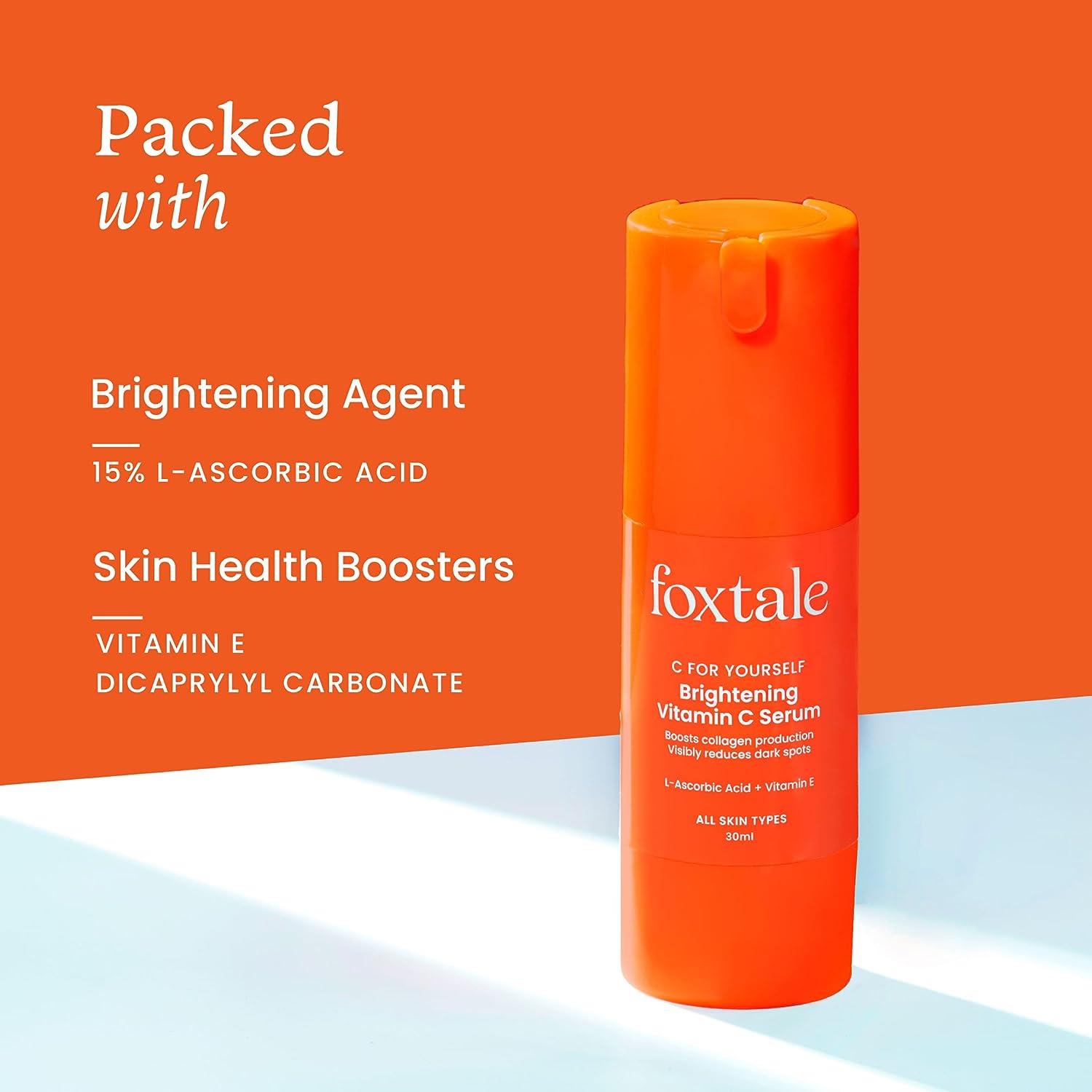 FoxTale 15% Vitamin C Face Serum For Glowing Skin,With Pure L-Ascorbic Acid And Vitamin E,Brightening Serum For Dark Spots,Dull Skin,Uneven Skin Tone,Boosts Collagen Production,All Skin Types,30 Ml. 