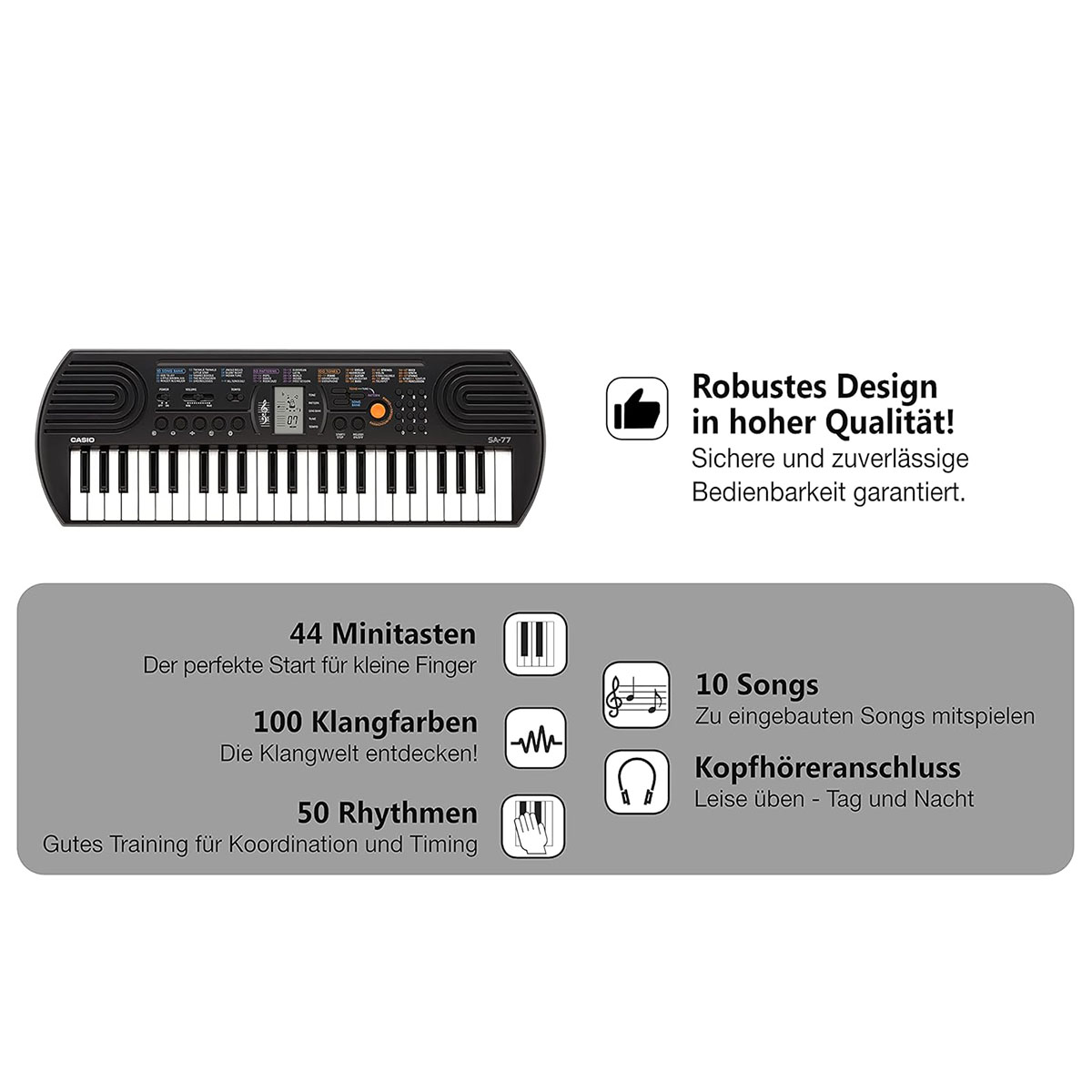Casio SA-77 Portable Musical Keyboard Piano - Black & Grey with adapter. 