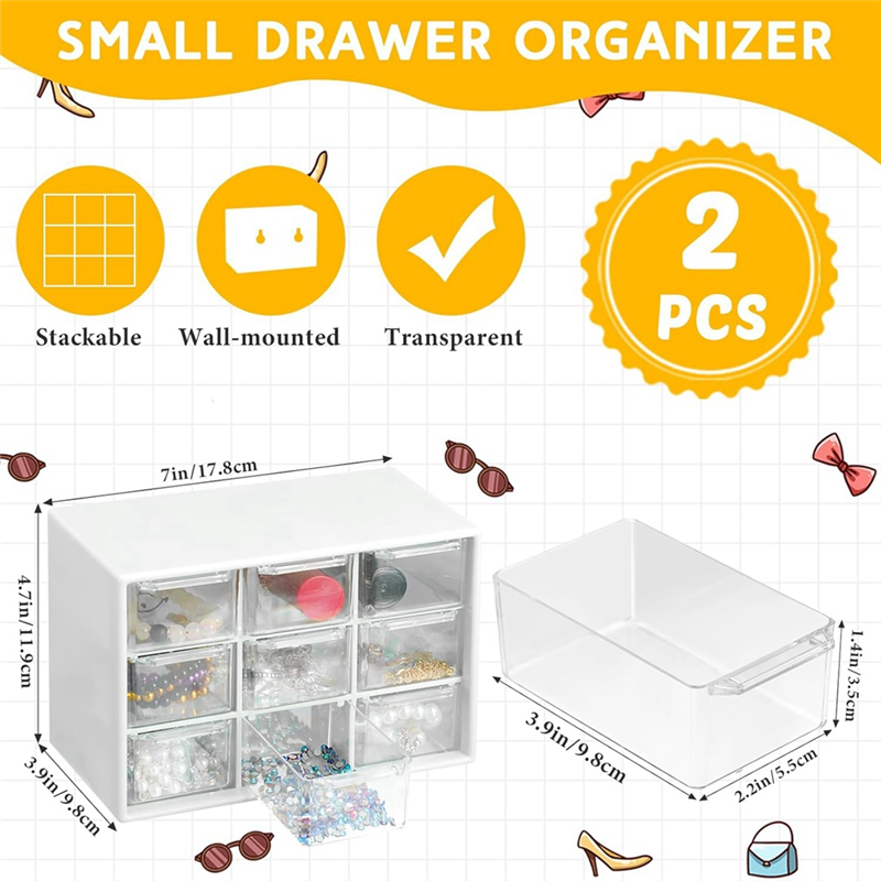 2 Pcs Small Drawer Organizer 9 Drawer Toolbox Mini Drawer Organizer with Clear Drawers Desktop Storage Box (Pink). 