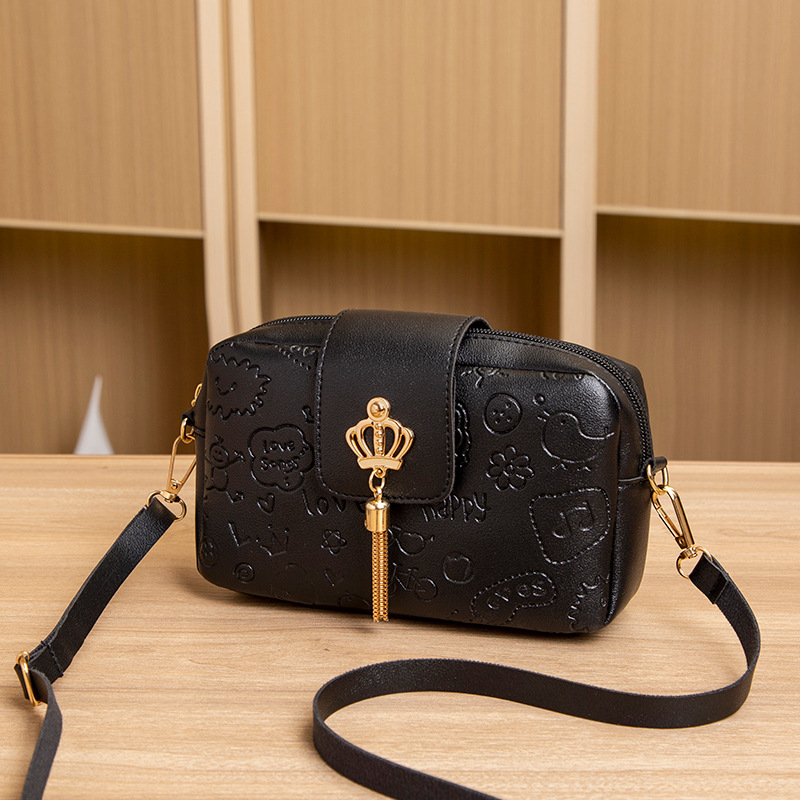 Women's bag 2022 new crown tassel embossed horizontal crossbody small square bag casual mobile phone bag small bag bag