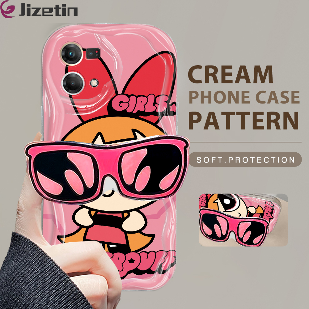 Jizetin for OPPO F21 Pro 4G / Reno7 / Reno8 4G Back Cover With Cartoon Powerpuff Girls Sunlasses Holder Cream Texture Wavy Edge Soft Silicone Phone Cases