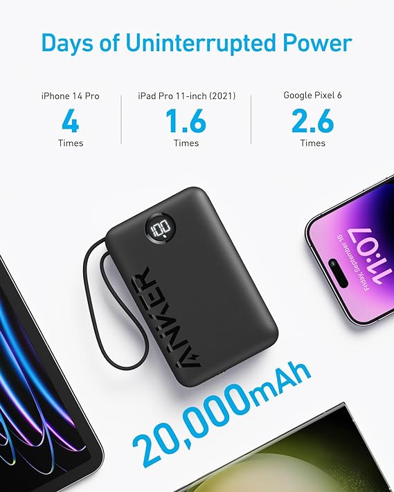 Anker A1647 Powercore 20000mAh 22.5W with Built-In USB-C Cable. 