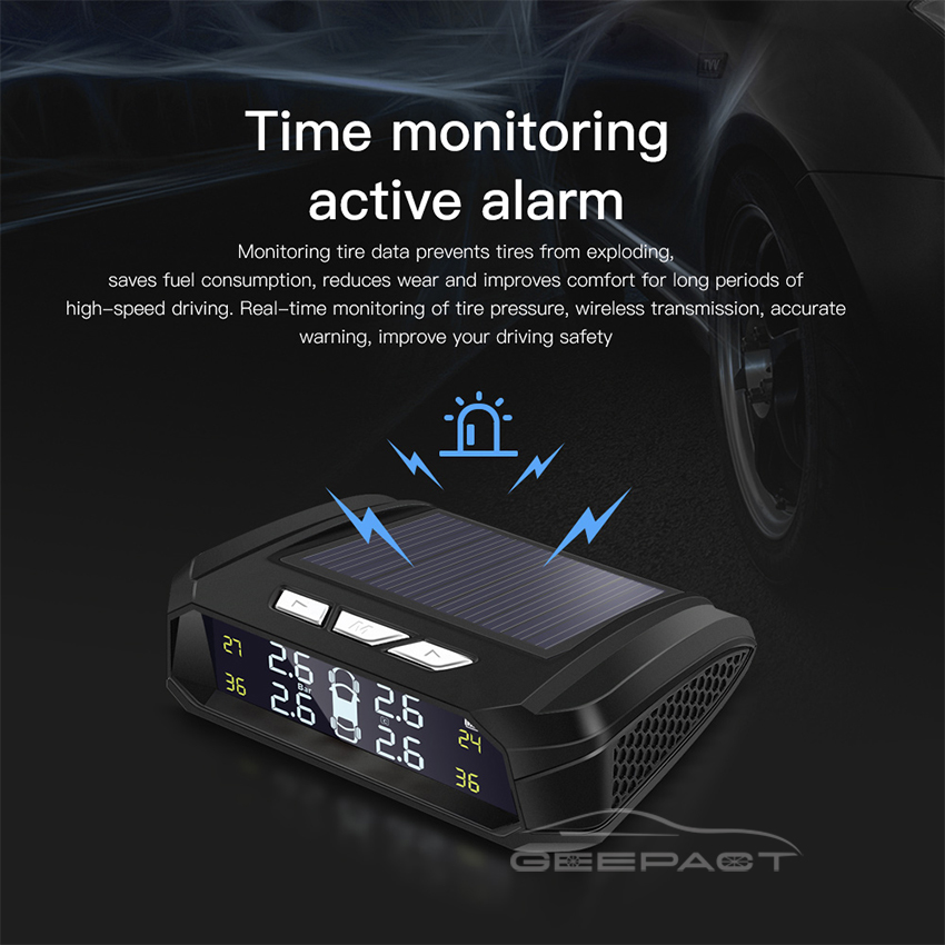Geepact Car Tire Pressure Monitoring System Smart Car TPMS Tyre Pressure Alarm Monitoring System Solar Power Panel USB Charging TPMS Universal 4 External Sensors LCD Display. 