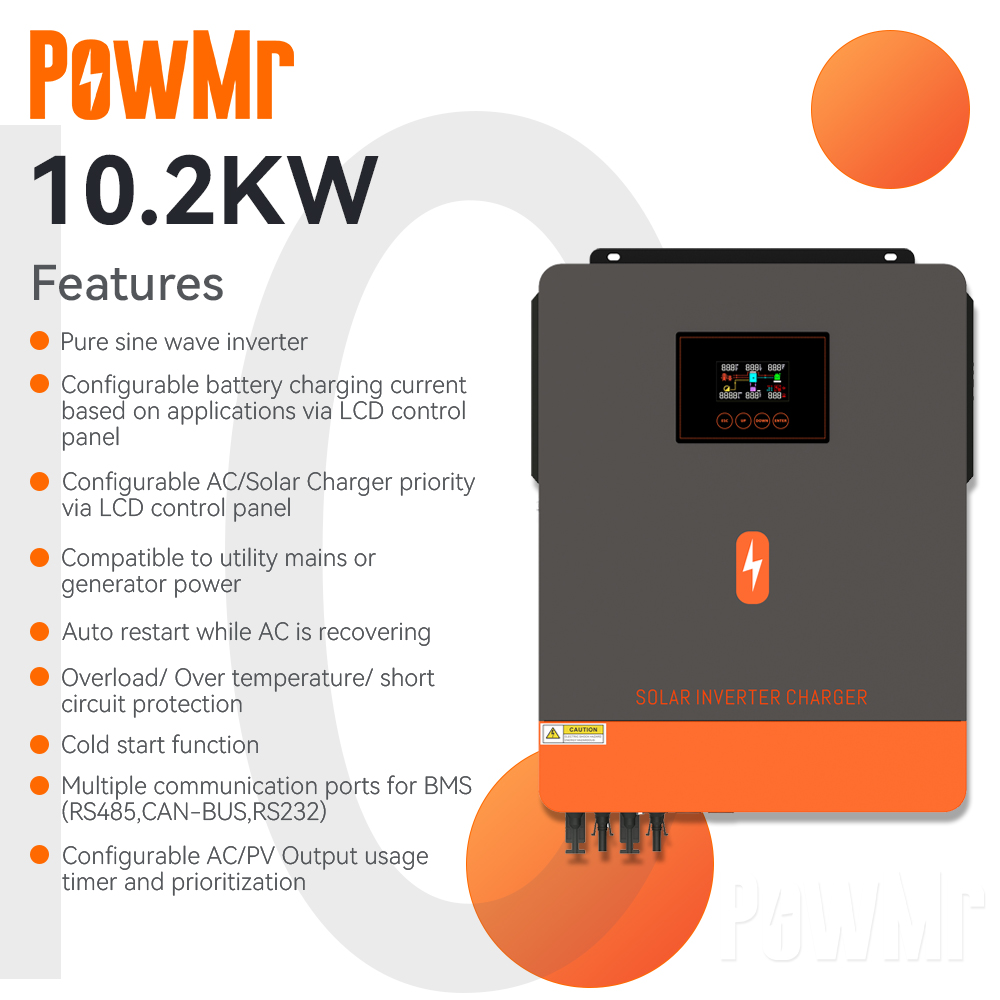 PowMr 10.2kw On-grid/Off-grid hybrid inverter 48Vdc 230VAC PV Panel Input 500vdc Pure Sine Wave Solar Inverter Built in MPPT 160A Solar Controller POW-HVM10.2M. 