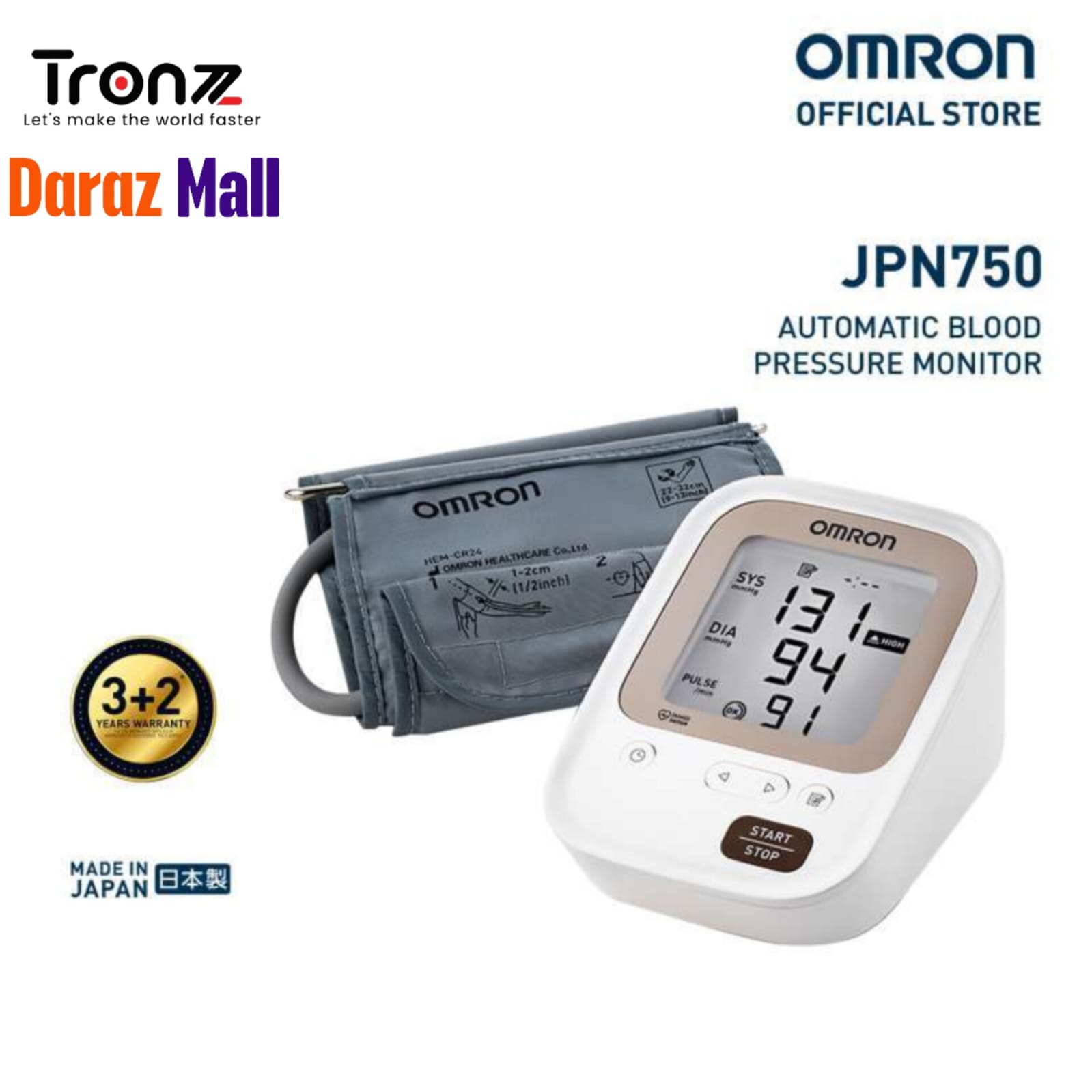 Japan Made Omron Latest JPN 750 Automatic Blood Pressure Monitor with BP Level Indicator, 100 Measurements in Memory | 5-Year Global Brand Warranty by Omron/Tronzz