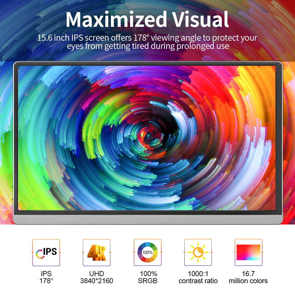 T-bao T15-4K 15.6'' Portable Monitor with 4K Resolution Support Screen Expansion Replacement for Switch/PS4/PC/Laptop US Plug. 