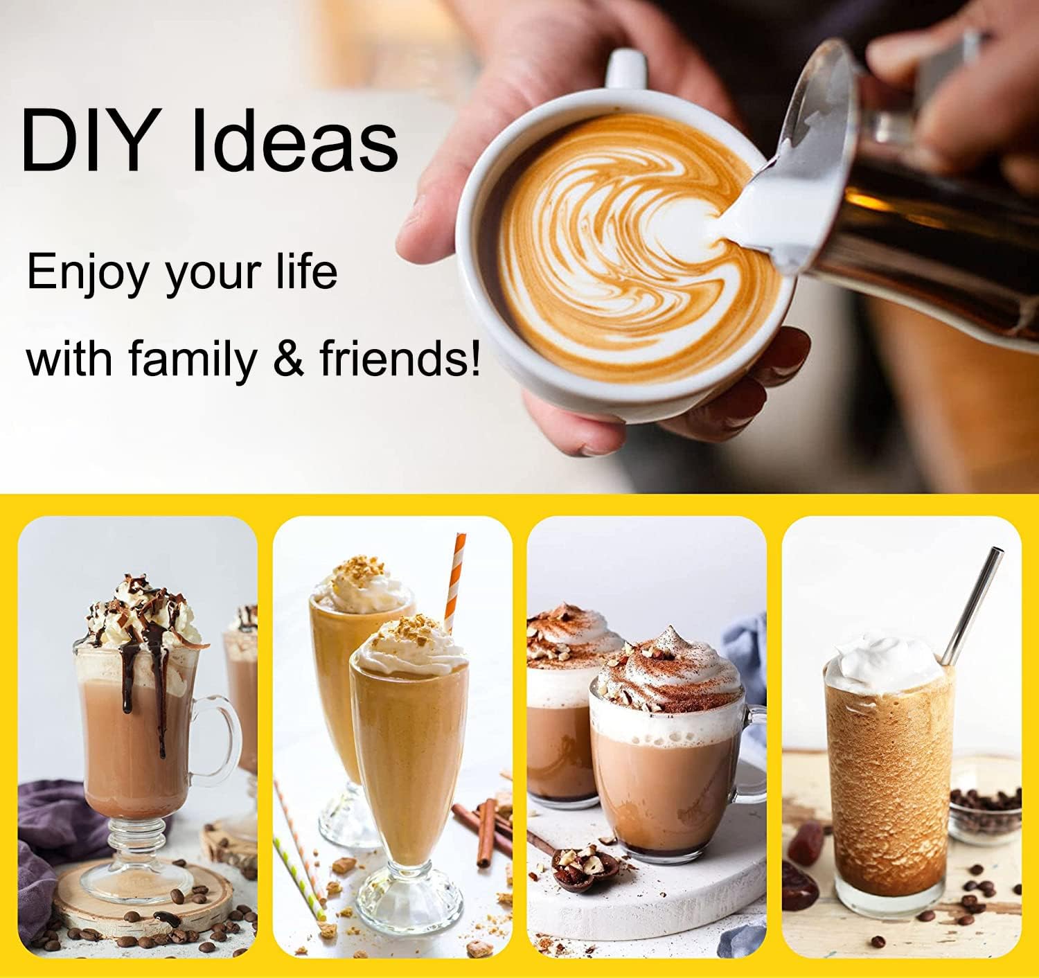 Milk Frother Handheld with Stand, Battery Powered Foam Maker, Whisk Drink Mixer Mini Blender For Coffee, Frappe, Latte, Matcha,  Chocolate (Black). 