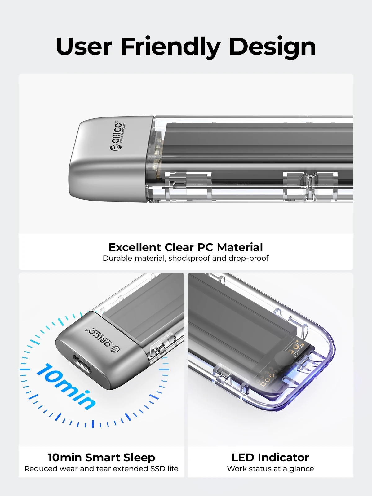 ORICO M.2 SSD Case NVME SATA SSD Enclosure Tool Free 10Gbps M.2 to USB Type C Transparent External Adapter Portable. 