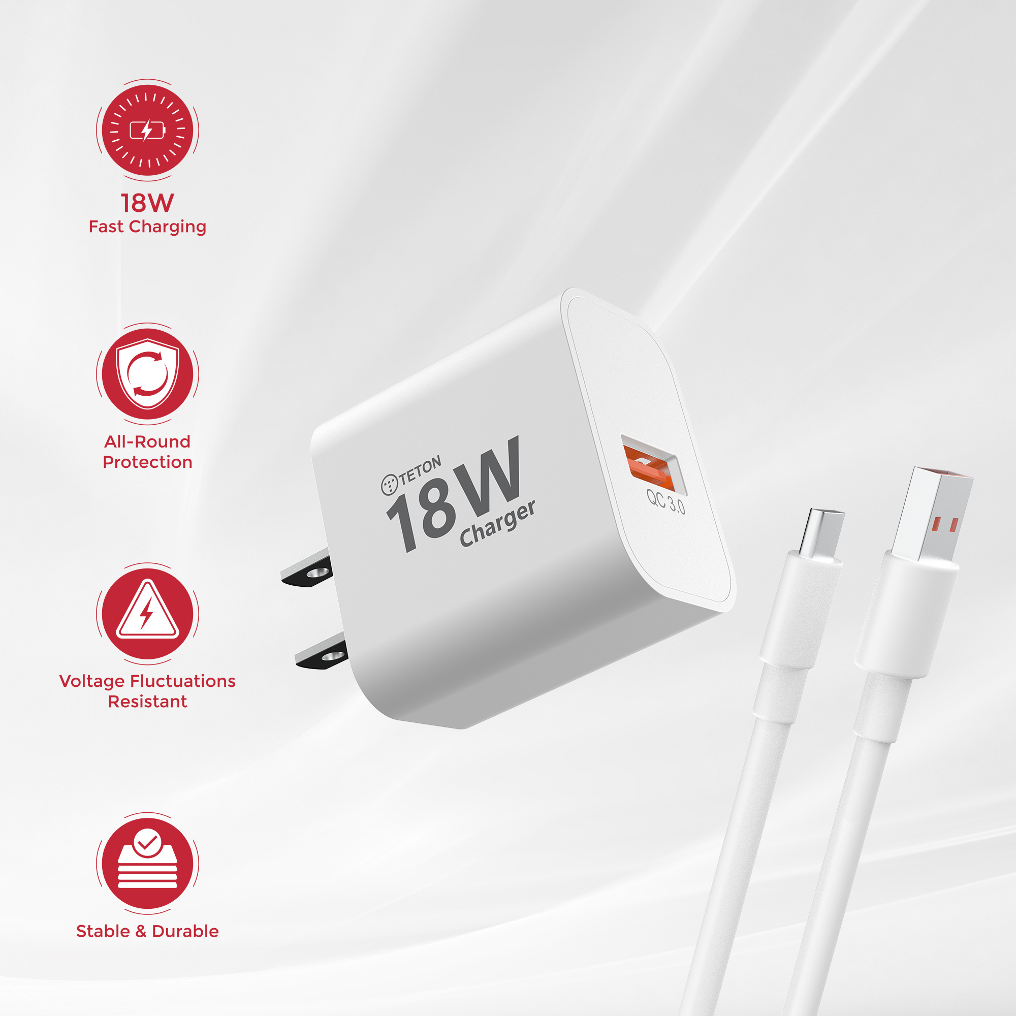 18W Fast Charger - USB Type-A Charger with USB Cable, Quick Charge Power Adapter for All Android Samsung and iphone 16/15 Mobile Devices. 