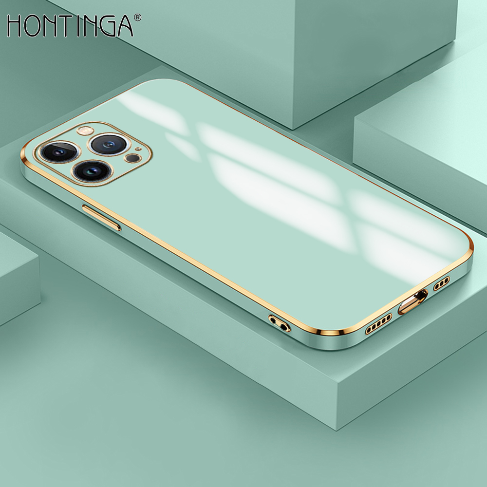 Hontinga for iPhone 14 Pro Back Cover + Free Lanyard Luxury 6D Plating Frame Shiny Bling Case Soft Silicone Square Mobile Cover