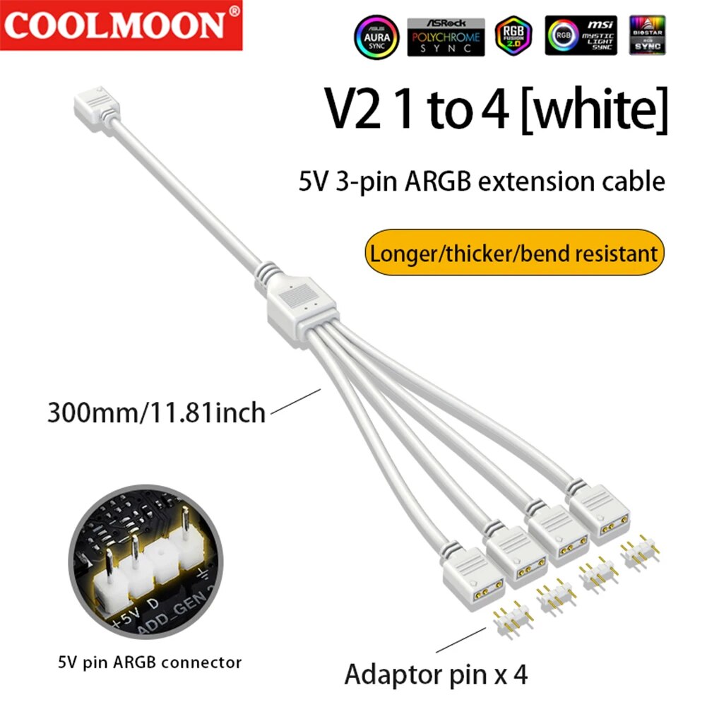 COOLMOON Gen 2 ARGB Splitter 5V 3 Pin 1 to 4/3/2 Universal Mainboard ARGB Extension Cable with Adapter Pin For Mainboard DIY. 