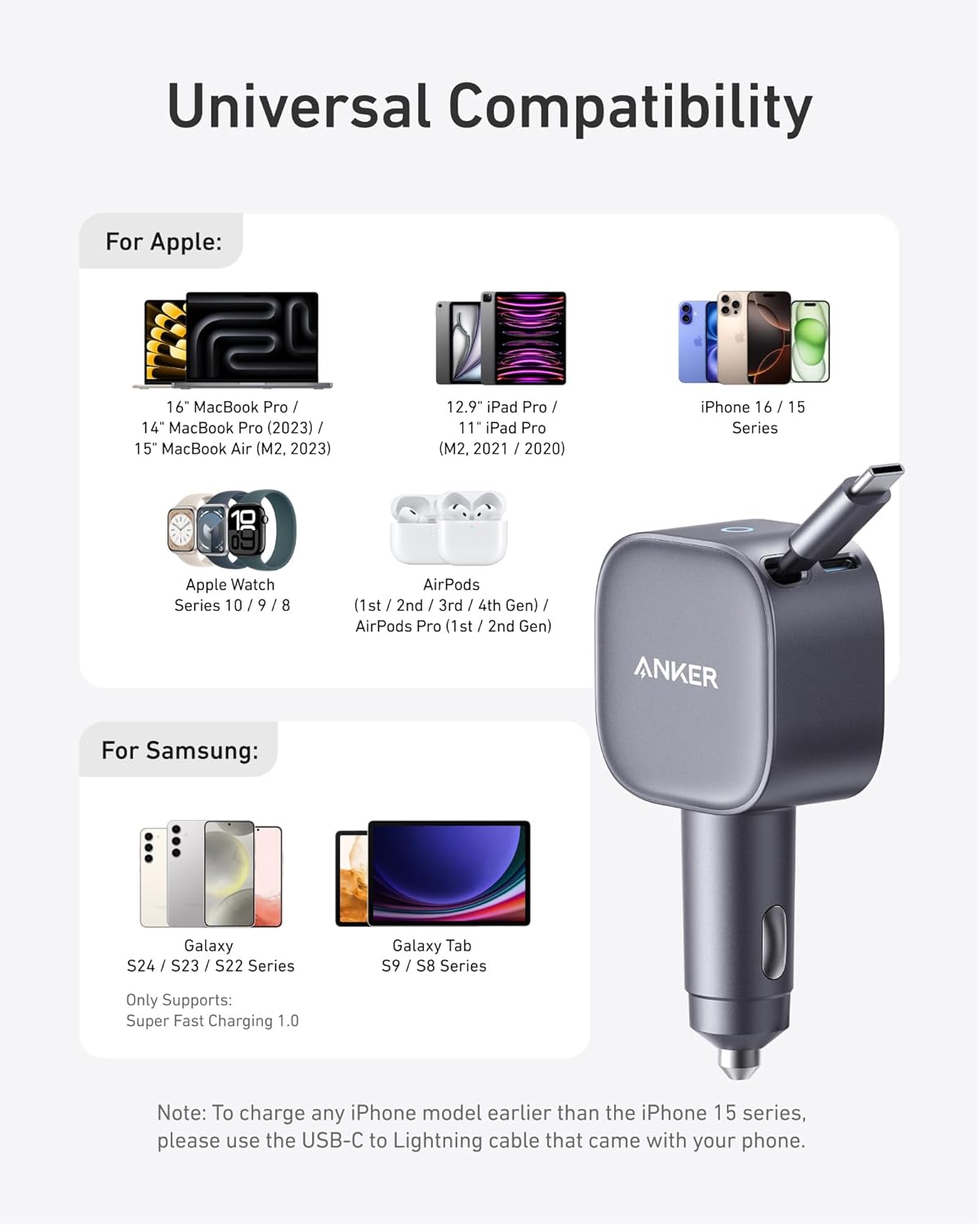 Anker Nano 75W USB-C Car Charger with Built-in Retractable USB-C Cable (A2738). 