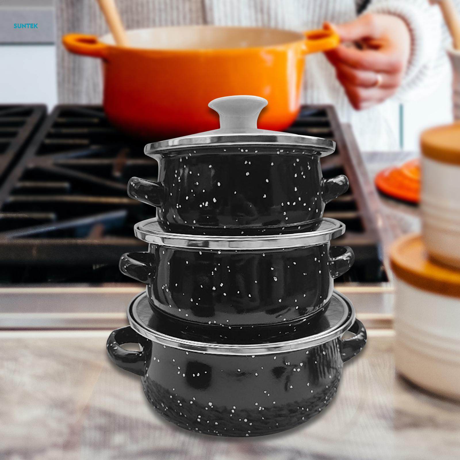3Pcs Enamel Pot Set Enamel Cookware Set Multifuctional Accessories Double Handle Pot. 
