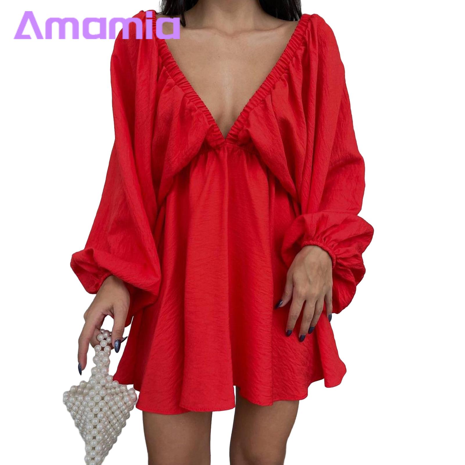 Amamia Spring Fall Mini Dress Solid Color High Waist Lady Mini Dress