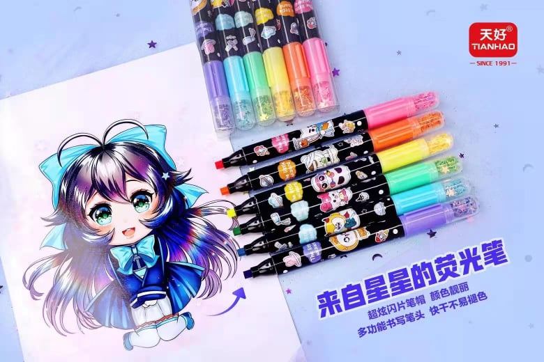 6 Different Color Star Shape Stamp Marker Pen with Star Shape Glitter. 