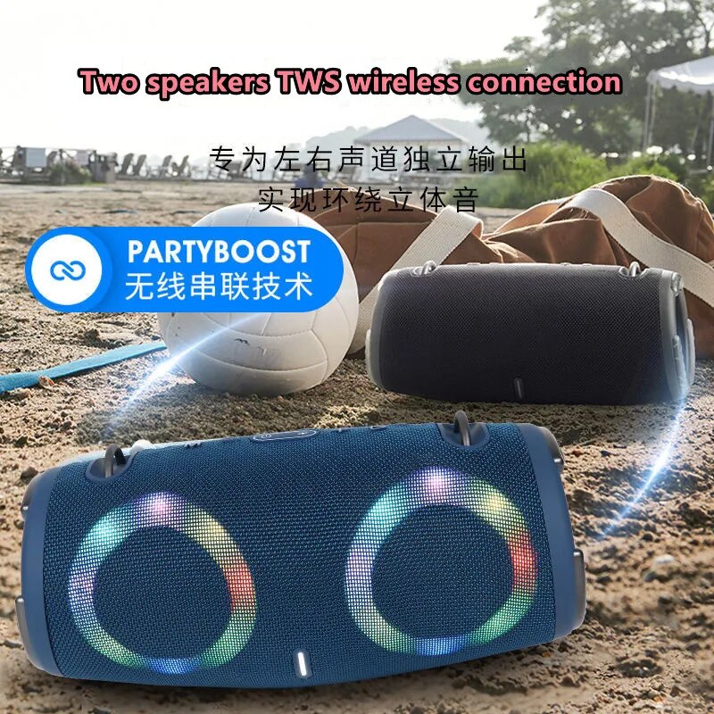 100W high power wireless TWS subwoofer portable waterproof card speaker RGB colorful rotating flashing light bluetooth speaker. 