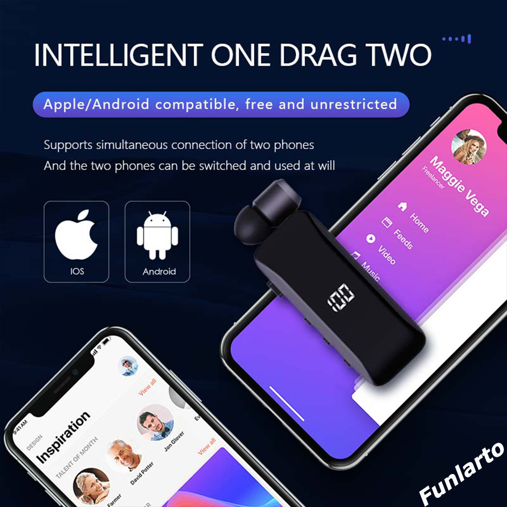 Machine LED Collar Clip Wireless Ear Clip on Bluetooth Headset Retractable Bluetooth 5.3 Headset Battery Display Hands-Free Microphone. 