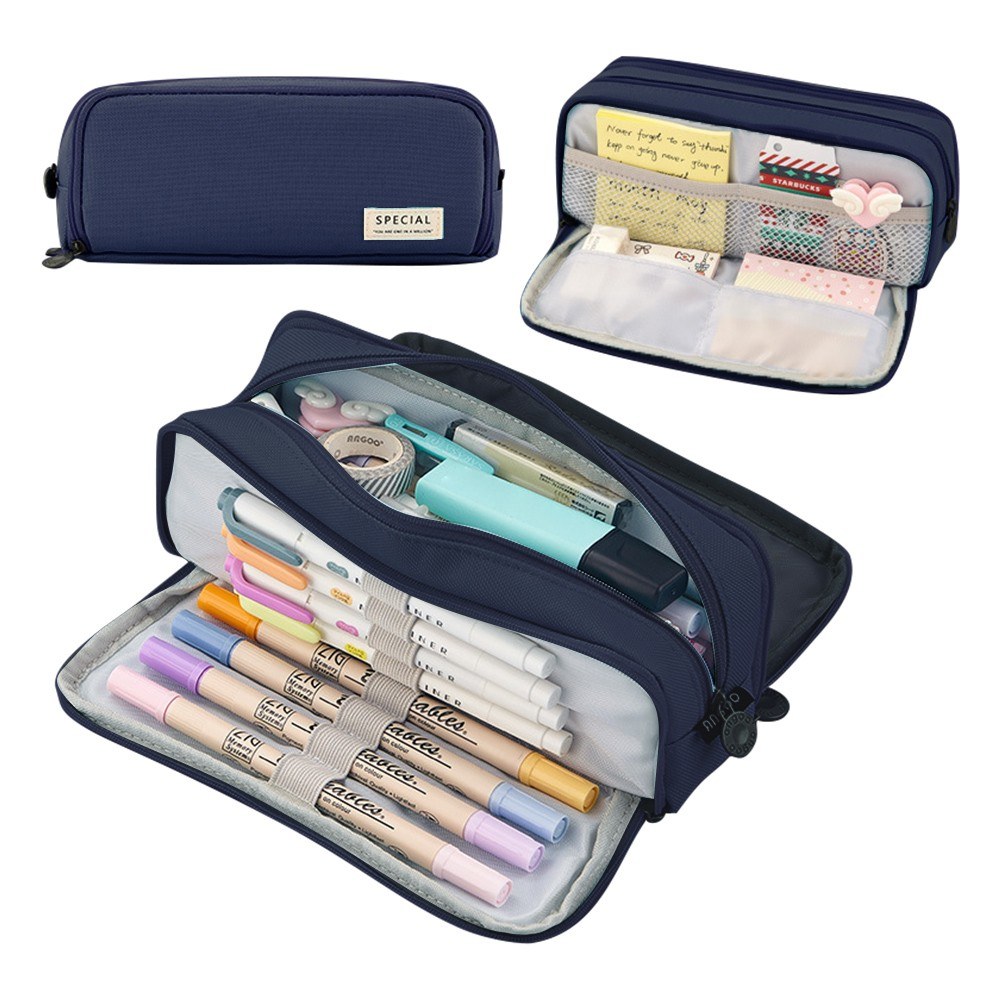 Pencil Case Large Capacity Pencil Pouch Box Stationery Zipper Pocket - blue