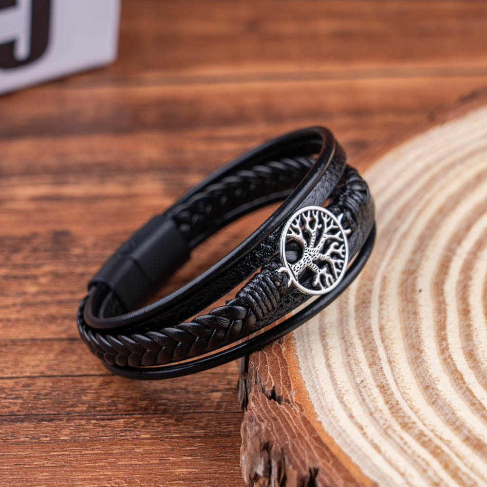 European and American cross-border supply men's alloy tree of life multi-layer woven PU leather bracelet personalized bracelet magnetic buckle bracelet