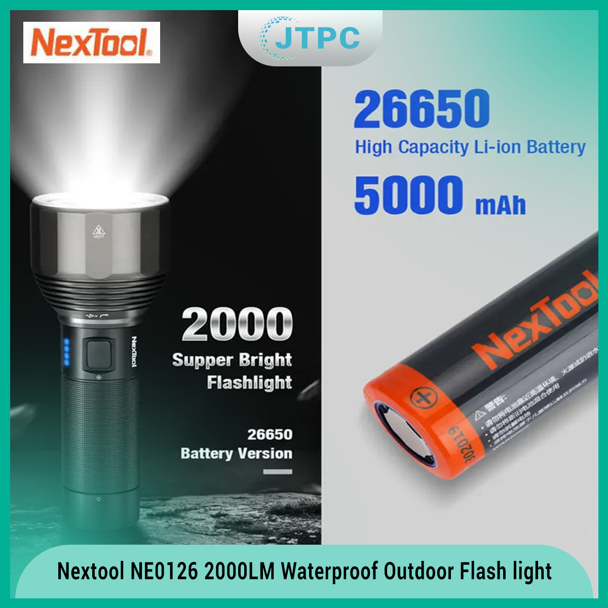 Xiaomi NE0126 Nextool 2000LM Super Bright 5-Mode Rechargeable LED Torch IPX7 Waterproof Outdoor Flash light With Type-C Charging Port. 