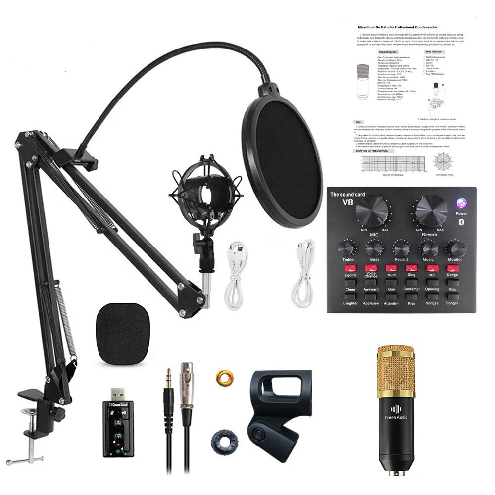 BM800 Condenser Microphone & V8 Sound Card Kit Muti-functional Bluetooth Sound Card for Studio Mobile Phone PC Laptop Record Live Broadcast Microphone BM 800 -Gold. 