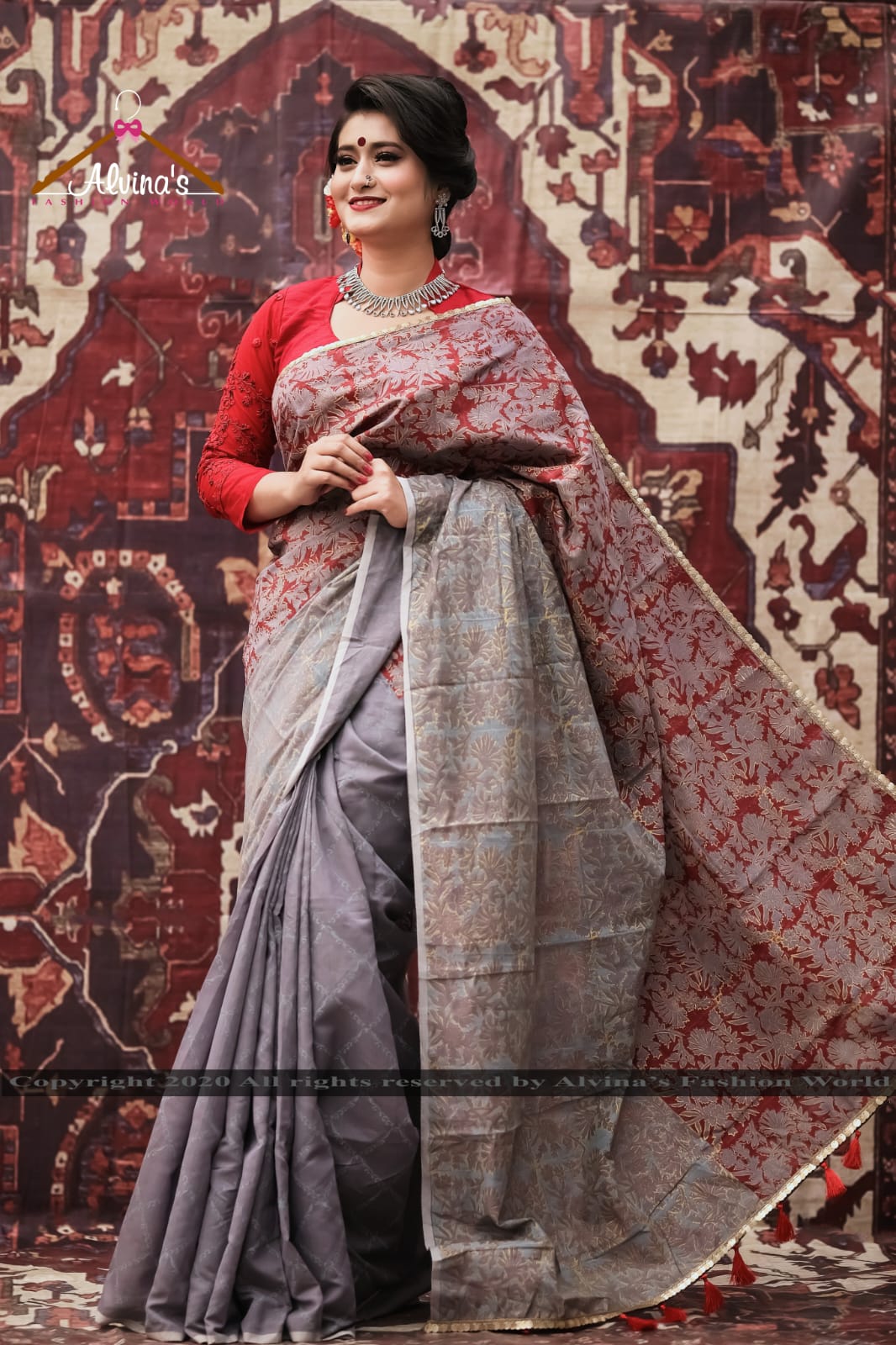 Exclusive Designer Block Print With Lase Work Ash Color Half Silk Saree For Woman