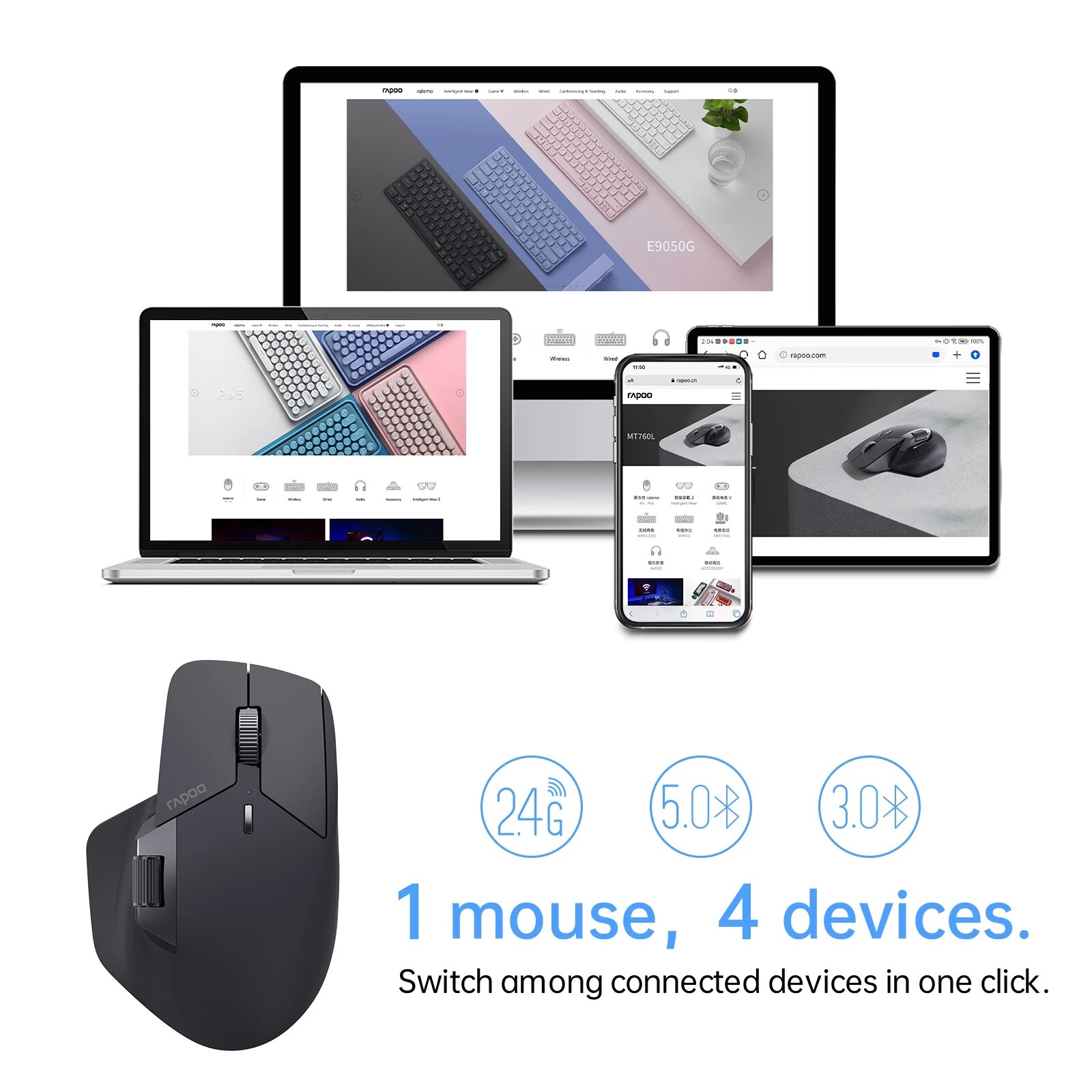 Rapoo MT760 Rechargeable Multi-mode Wireless Mouse Ergonomic 4000 DPI Easy-Switch Up to 4 Devices Bluetooth Mouse Office Mice. 