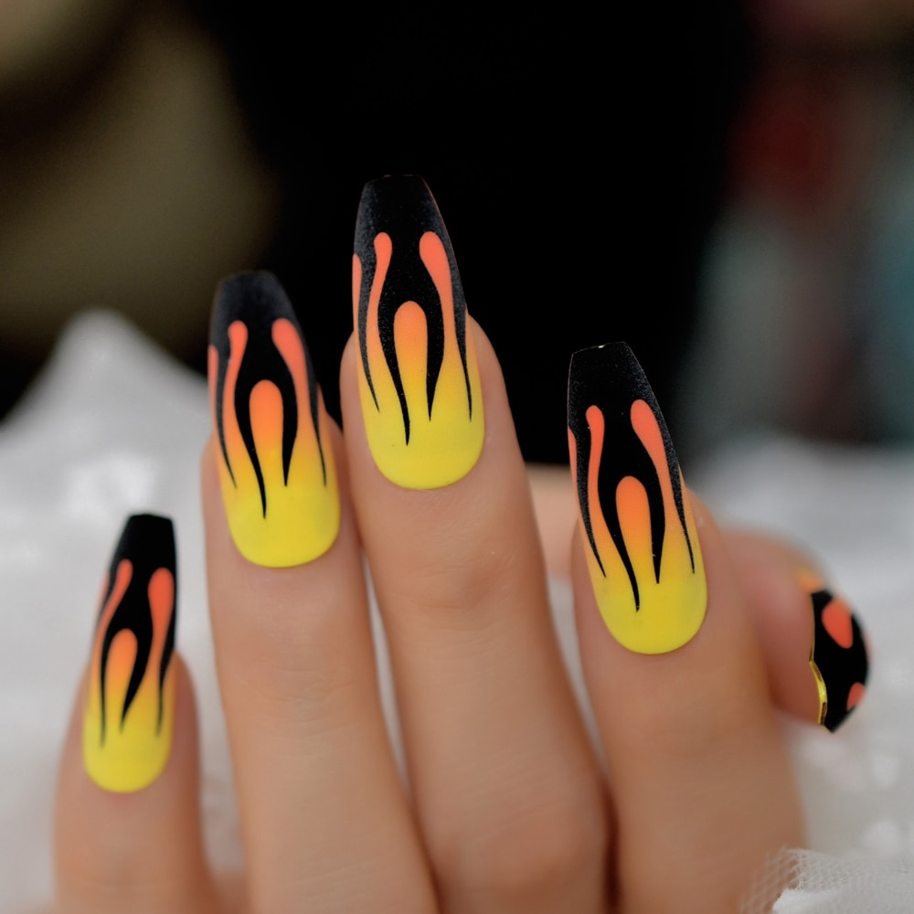 Yellow Orange Ombre Faux Ongles Fire Matte Black Flame Fake Nails Extra Long Coffin Shape Ladies Fingernails 24 Buy Online At Best Prices In Bangladesh Daraz Com