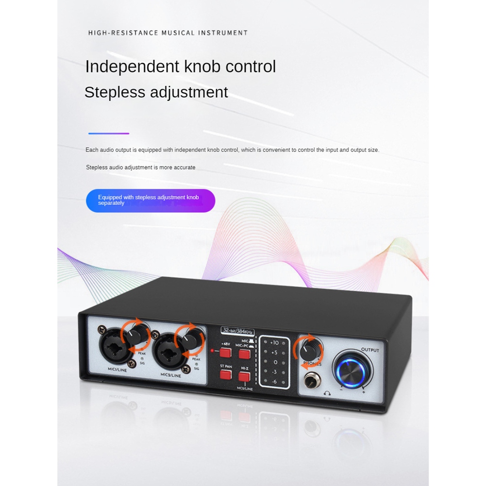 2 in 2 Out USB Audio Interface 32Bit/384KHZ Studio Parts Recording Sound Card 48V Phantom. 