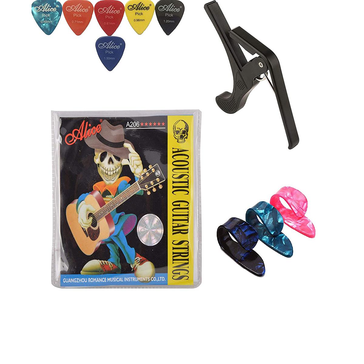 Alice Bronze Acoustic Guitar Strings,Capo,Plectrums Pick,Thumb Picks (BEST COMBO)