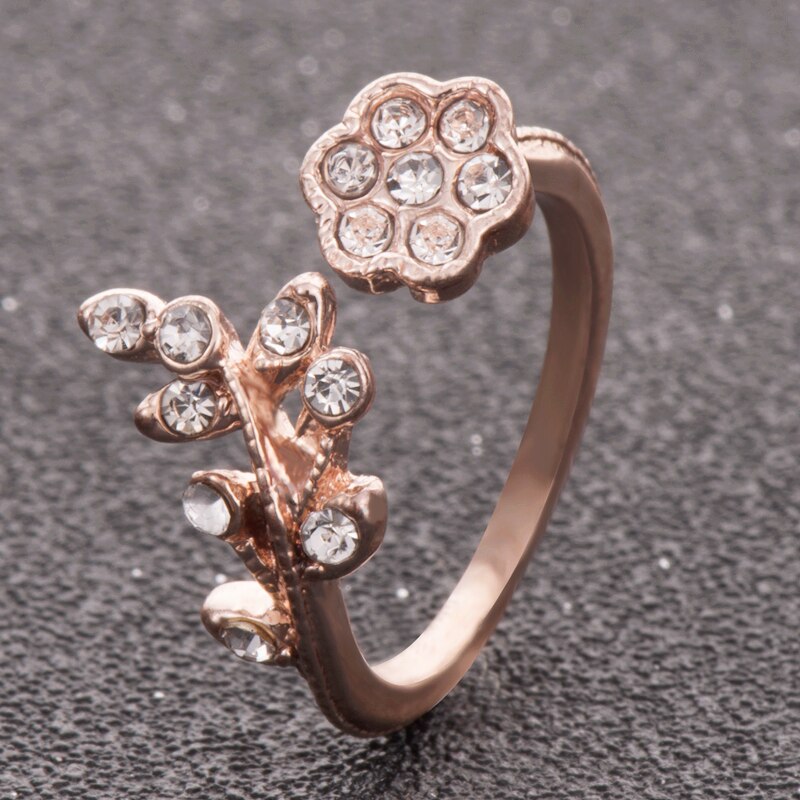 【VisioN Shop】Korean Leaves Flower Rhinestone Open Ring Rose Gold Color Finger Ring For Women Adjustable Wholesale. 