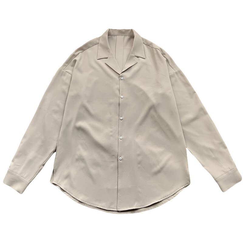 Solid color Cuban collar long sleeved for men stylish casual in summer no ironing with smooth drape and a light mature style. Korean version ice silk shirt. 