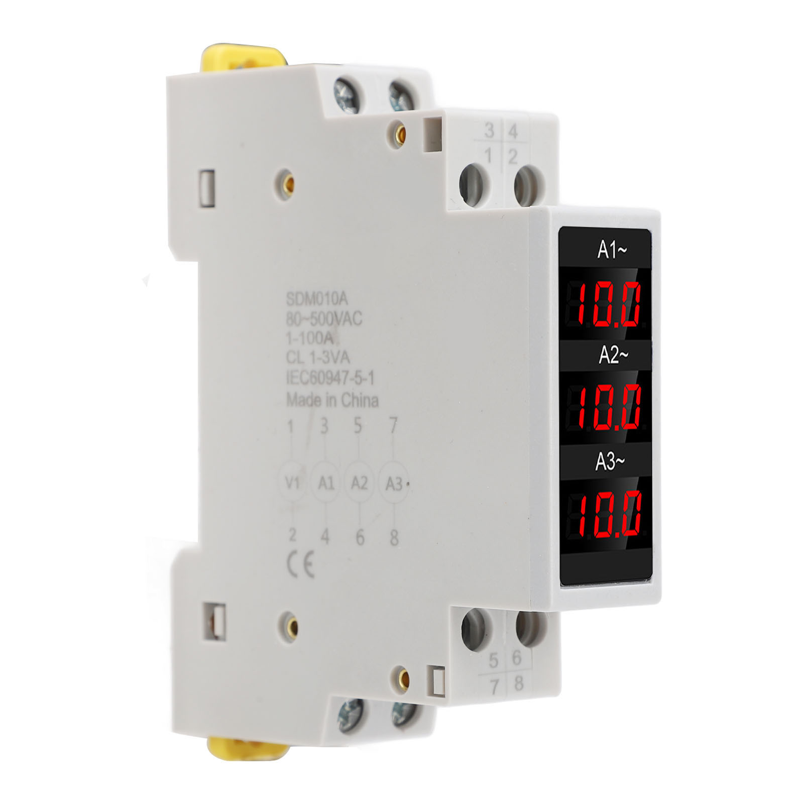 3 Phase DIN Rail Ammeter LED Digital Display High Accuracy Amp Meter with 3 Sensors AC80-500V 1-100A Din Rail Mount