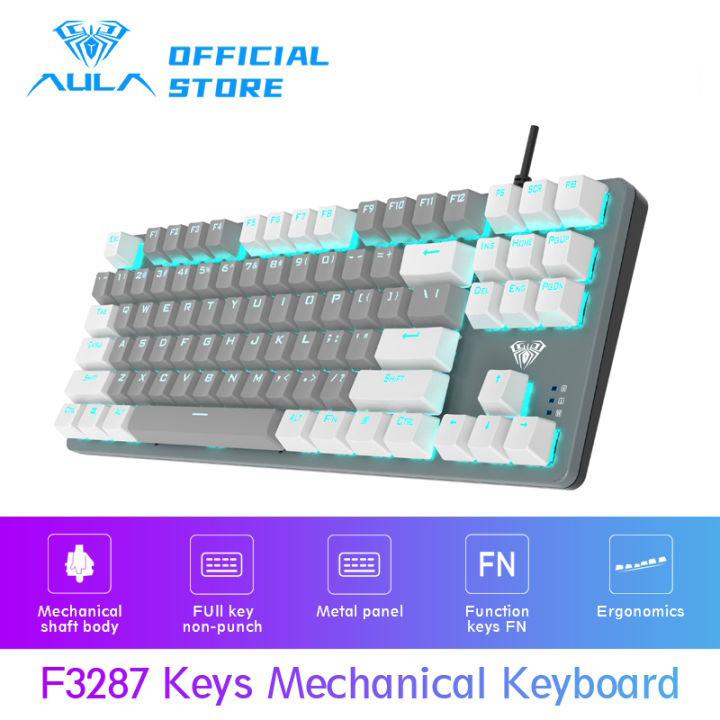 AULA F3287 Wired TKL Rainbow Mechanical Gaming Keyboard, 80% Compact Tenkeyless 87 Keys Layout w/Tactile Blue Switches, White & Grey Mixed-Color Keycaps, Programmable Macro Keys. 