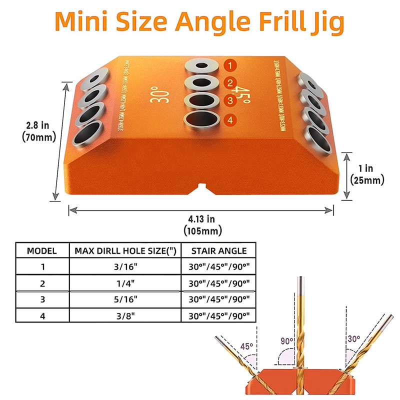 Drill Guide 30 45 90 Degree Angle 4 Size Drill Hole Lag Screw Drill Template Jig for DIY Wood Crafts Stair Wire Handrail Durable Easy Install. 