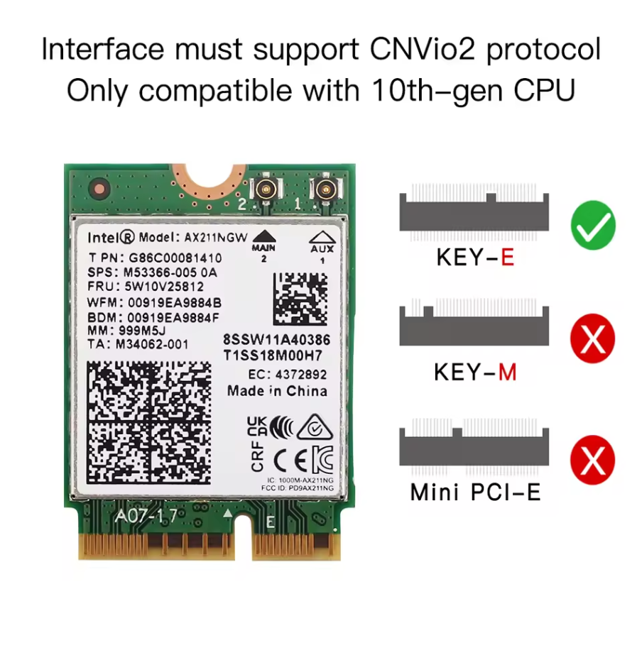 WiFi 6E AX211NGW Tri Band 2.4G/5G/6Ghz Wireless Network Wifi Card Adapter For Bluetooth 5.2 Intel AX211 M.2 KeyE CNVio Windows11. 