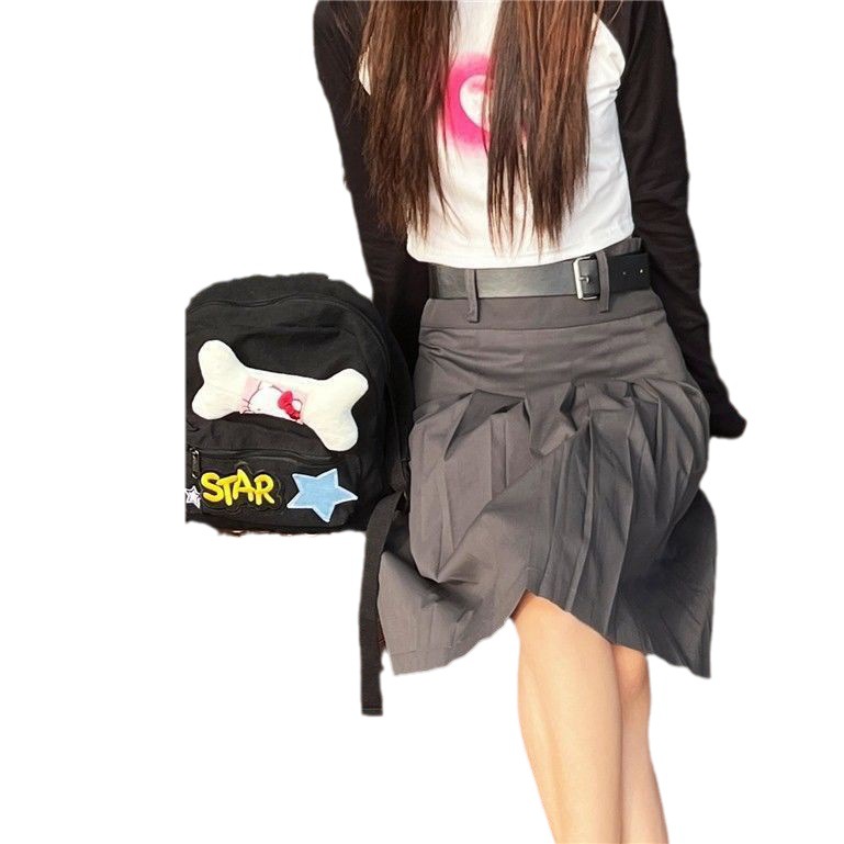 New Cute Bone Black Backpack Letter Design Niche Cartoon Animation Zipper Backpack. 