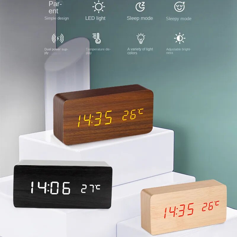 LED Wooden Alarm Clock Digital Bedside Smart Alarm Clocks Electronic Desktop Square Voice Control Table Digital Clock for Room