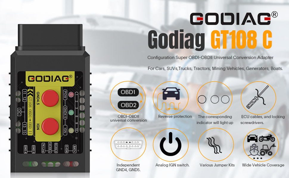 GODIAG GT108 C Configuration OBDI-OBDII Universal Conversion Adapter For Cars, SUVs, Trucks, Tractors, Mining Vehicles, Generators, Boats, Motorcycles