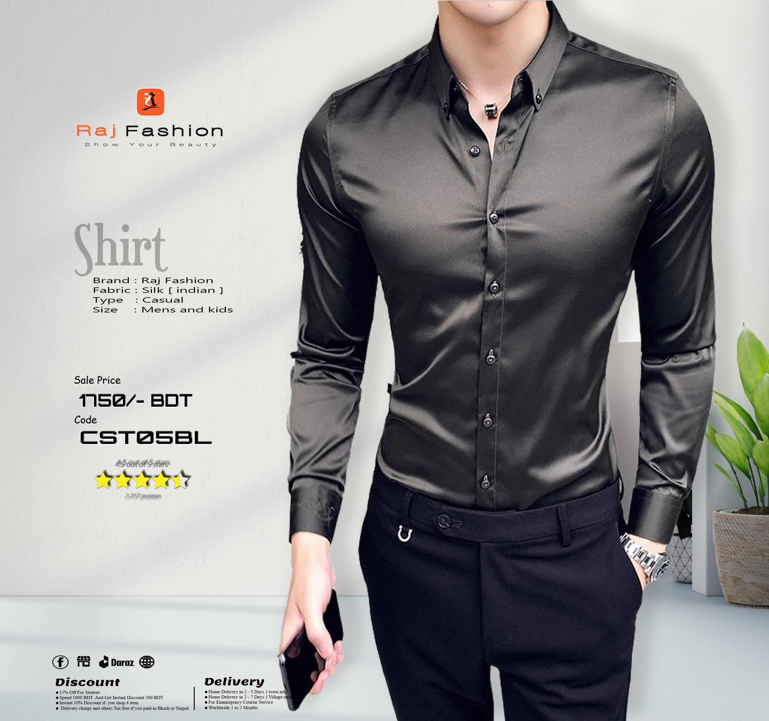 Raj Fashion Super Luxury Silk Shirt For Men for party or others festival ||  Black- CST-05BL || Green- CST05GN