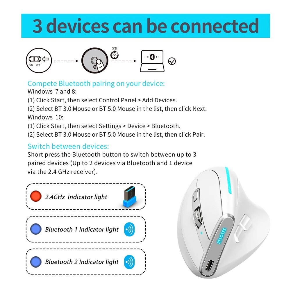 ZELOTES F-36 F-36A 8 Buttons Wireless Rechargeable Mice Gaming Mouse 2400 DPI Ergonomic Optical Vertical Mouse USB Mice for PUBG. 