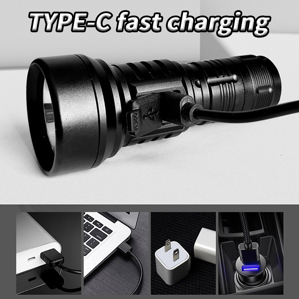 GC LED Extremely Bright Torch, 50000 Lumens Flashlight, Type-C Rechargeable Zoom Torch, IP65 Waterproof Flashlight With 4 Light Modes For Camping Hiking. 