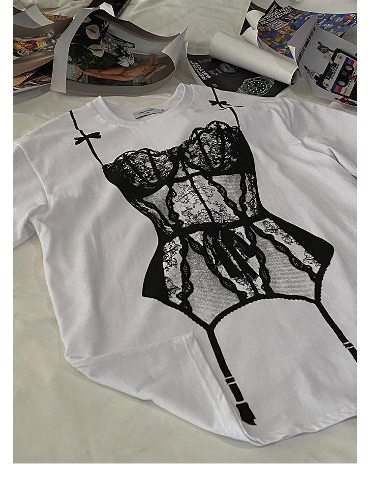 American Street Funny Bikini Print T-shirt Women 24 Summer Design Short Sleeve Round Neck Bottoming Shirt Top. 