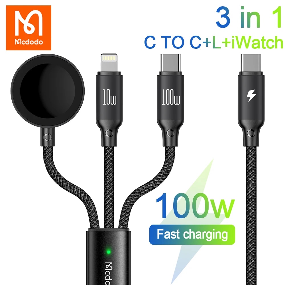 Mcdodo 100W Fast charege 3 in 1 Type-c to Type-c Lighting Apple Watch with iPhone15 14 13 12 11 Pro Max, Xiaomi, Huawei, Samsung